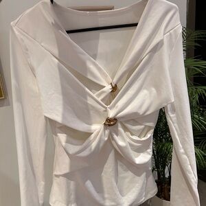 Women's White Twist-Front Long Sleeve Top with Gold Accent